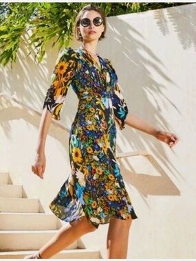 Ronny Kobo Collection Kailyn Black Floral V-Neck Midi Dress NWT